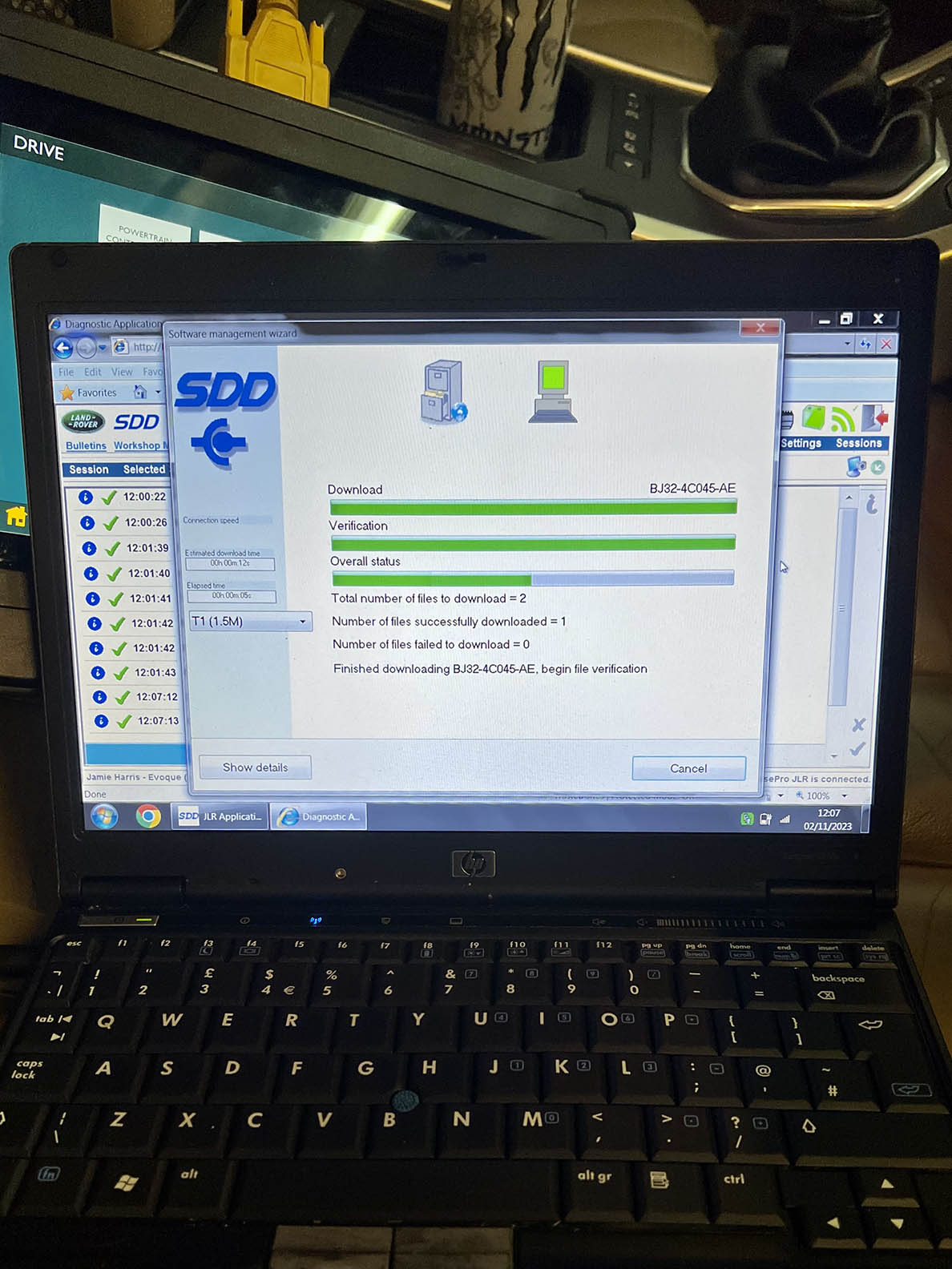 JLR SDD diagnostic software running on a laptop during a vehicle diagnostic check